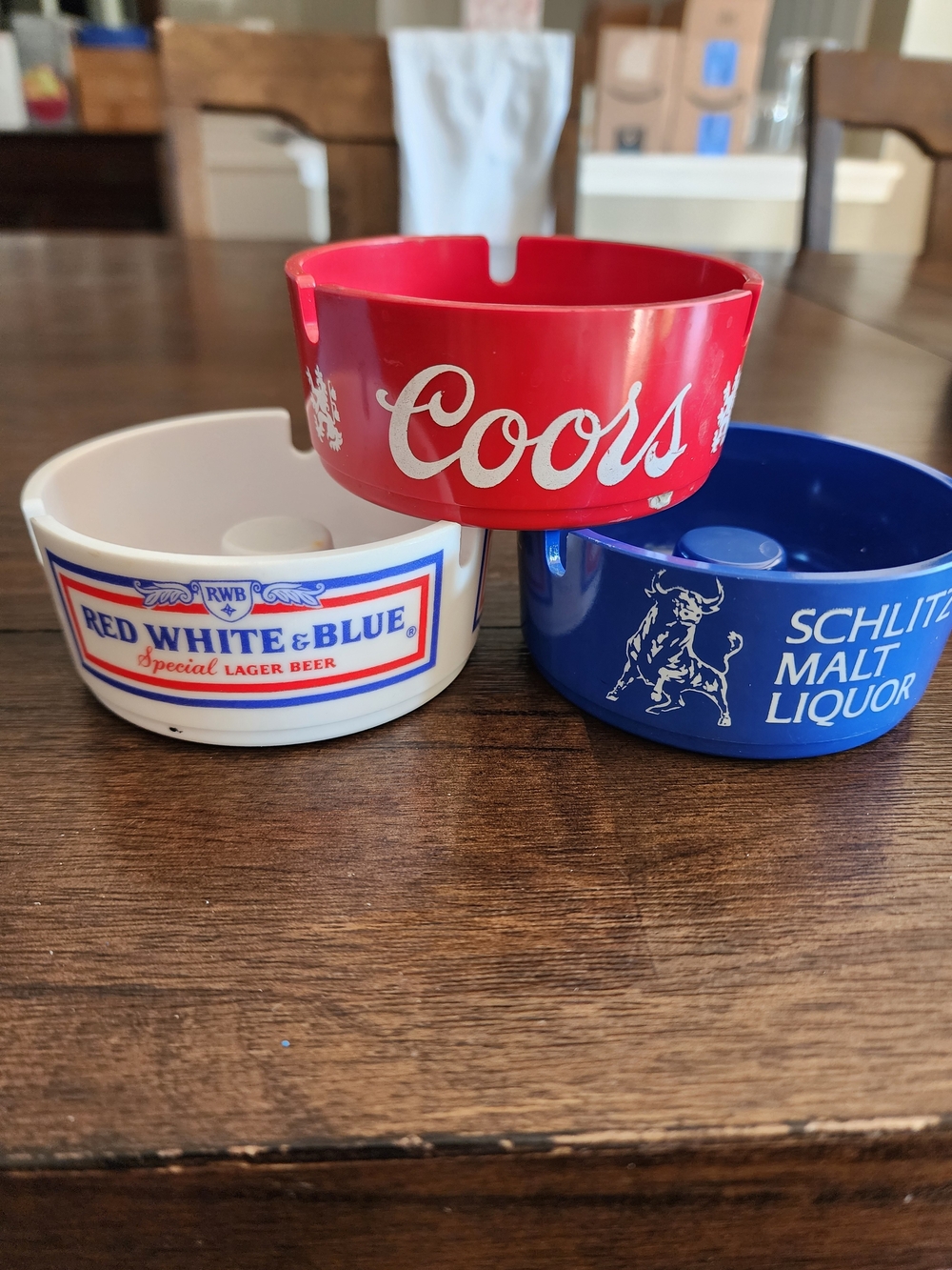 Vintage Beer Ashtrays Set — Coors, Red White & Blue, Schlitz